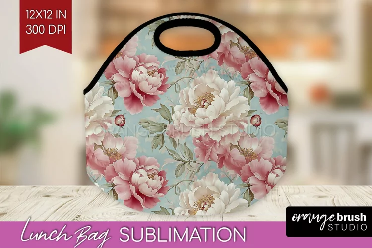 Peony Flowers Lunch Bag - Floral Lunch Bug PNG Sublimation