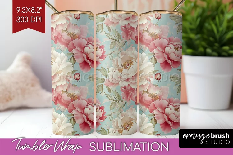 Peony Flowers Tumbler Wrap - Floral Tumbler PNG Sublimation