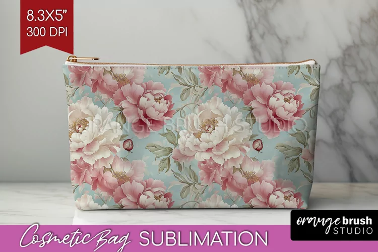Peony Flowers Cosmetic Bag - Floral Makeup Bag PNG