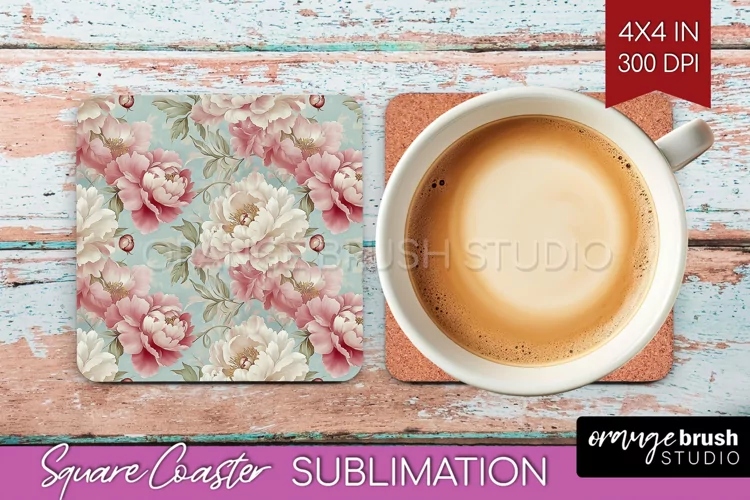 Peony Flowers Square Coaster - Floral Coaster PNG