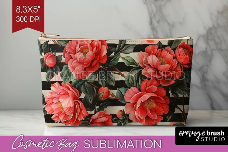 Peony Flowers Cosmetic Bag - Floral Makeup Bag PNG