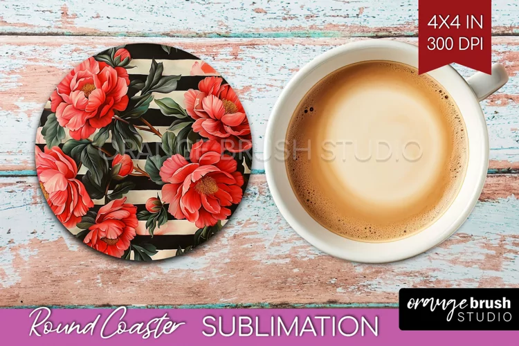 Peony Flowers Round Coaster - Floral Coaster PNG Sublimation