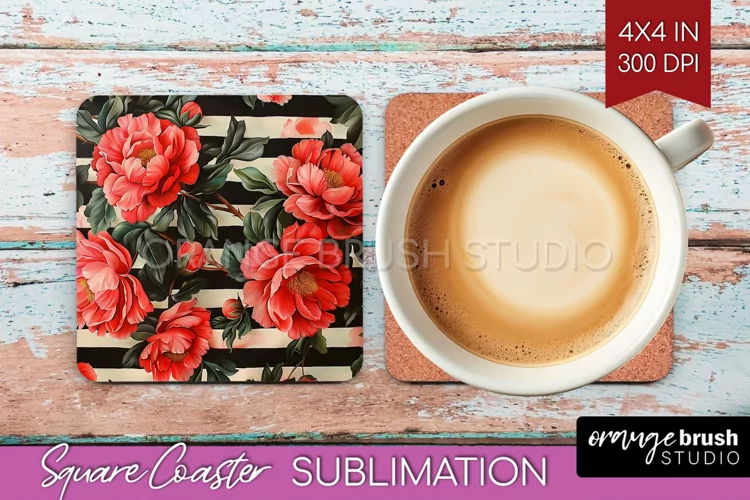 Peony Flowers Square Coaster - Floral Coaster PNG