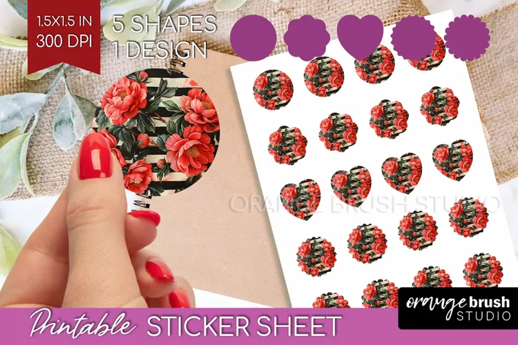 Peony Flowers Round Sticker - Floral Printable Sticker Sheet