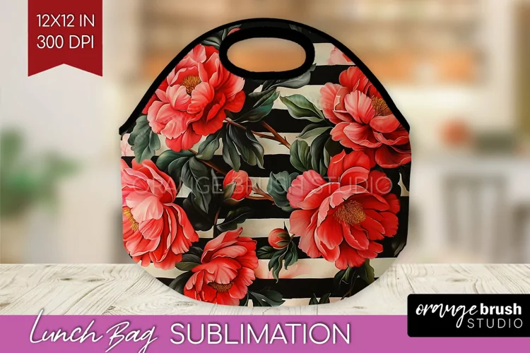 Peony Flowers Lunch Bag - Floral Lunch Bug PNG Sublimation