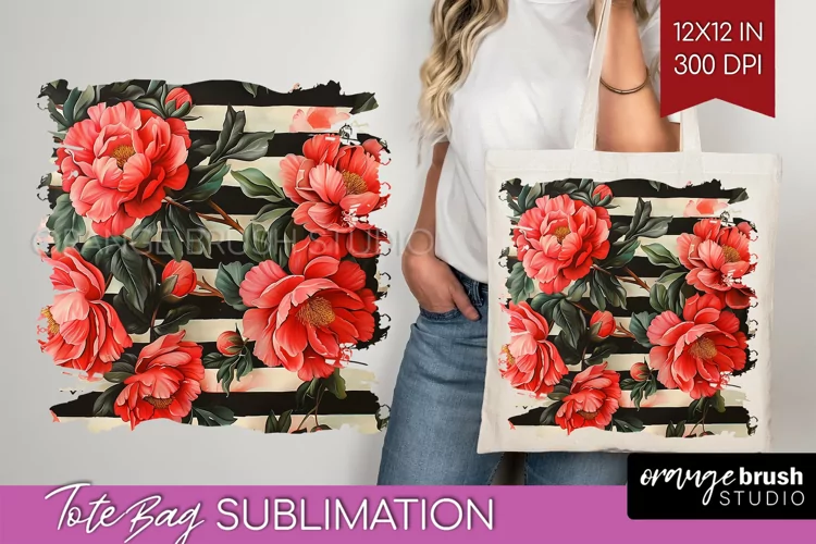 Peony Flowers Tote Bag - Floral Tote Bag PNG Sublimation