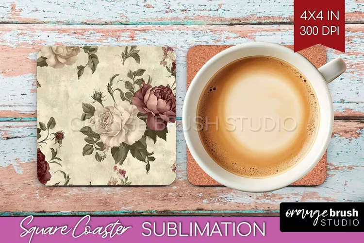 Peony Flowers Square Coaster - Floral Coaster PNG