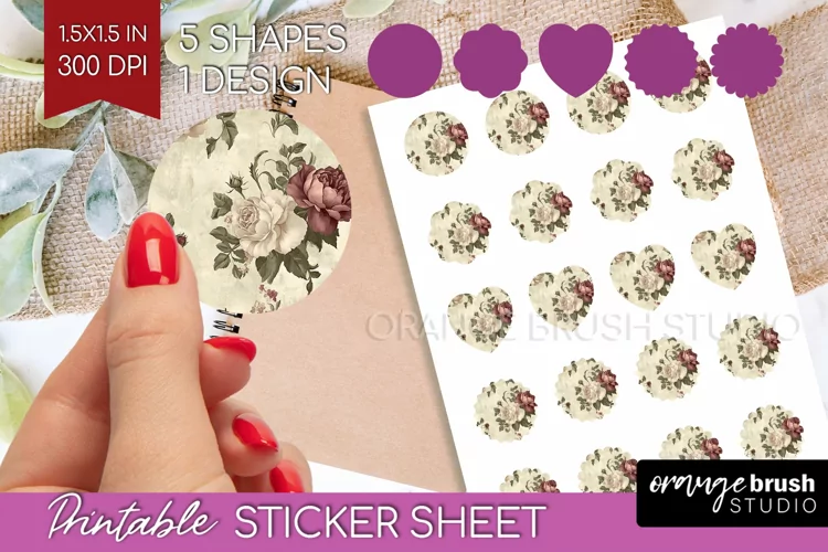 Peony Flowers Round Sticker - Floral Printable Sticker Sheet