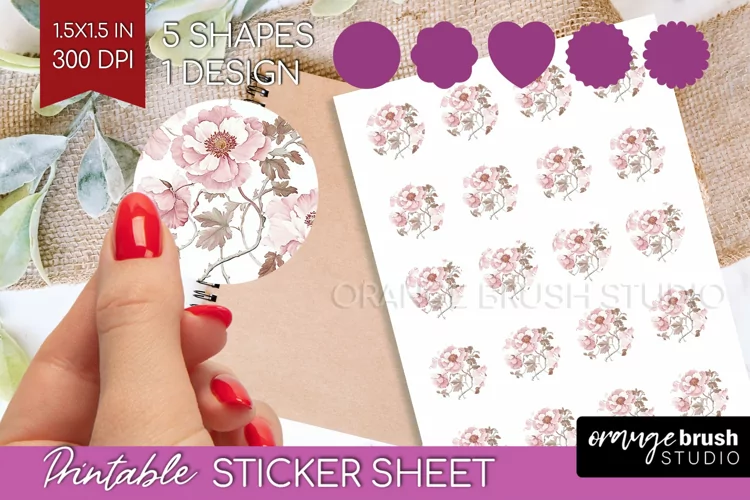Peony Flowers Round Sticker - Floral Printable Sticker Sheet