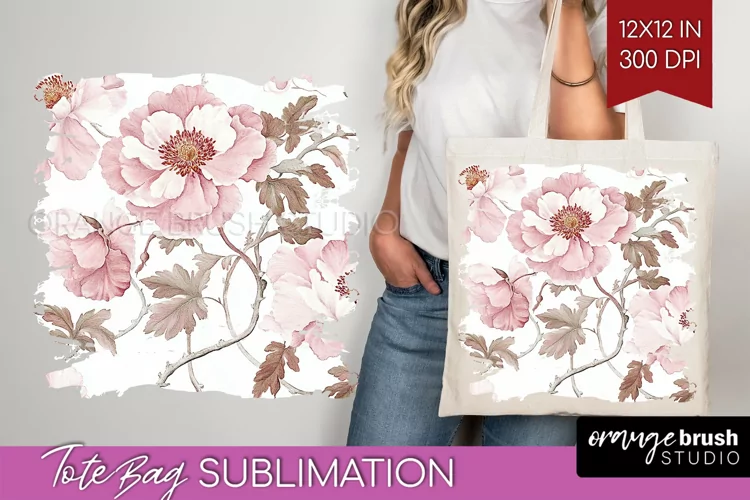 Peony Flowers Tote Bag - Floral Tote Bag PNG Sublimation