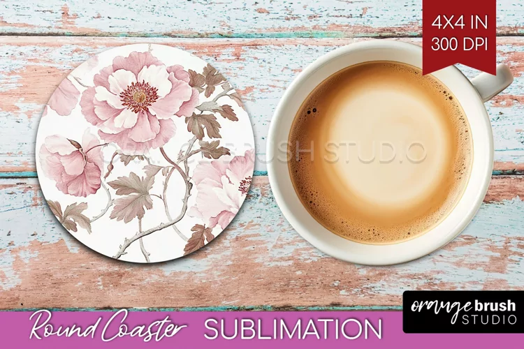 Peony Flowers Round Coaster - Floral Coaster PNG Sublimation