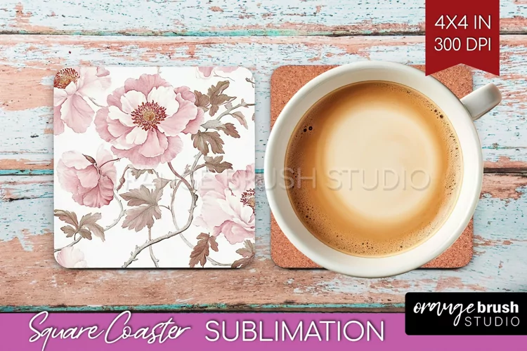 Peony Flowers Square Coaster - Floral Coaster PNG