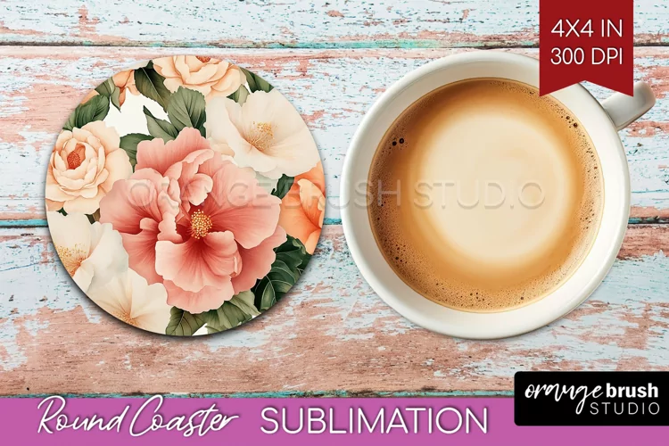 Peony Flowers Round Coaster - Floral Coaster PNG Sublimation