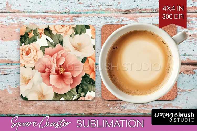 Peony Flowers Square Coaster - Floral Coaster PNG