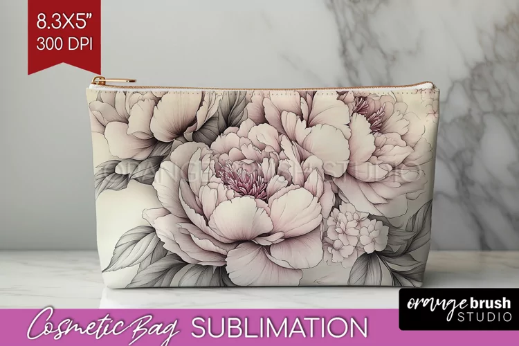Peony Flowers Cosmetic Bag - Floral Makeup Bag PNG