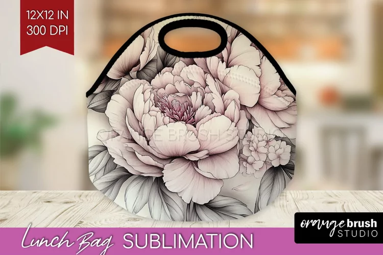 Peony Flowers Lunch Bag - Floral Lunch Bug PNG Sublimation