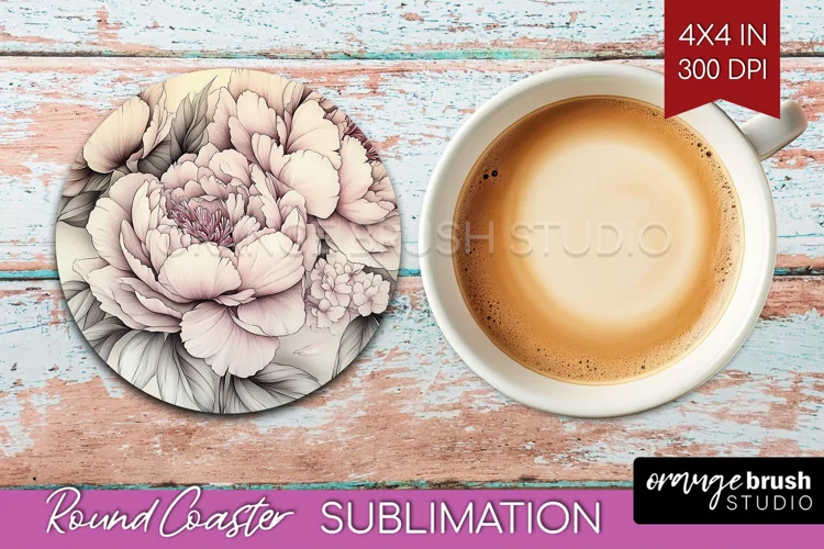 Peony Flowers Round Coaster - Floral Coaster PNG Sublimation