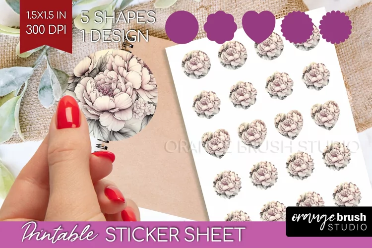 Peony Flowers Round Sticker - Floral Printable Sticker Sheet