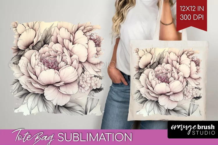 Peony Flowers Tote Bag - Floral Tote Bag PNG Sublimation