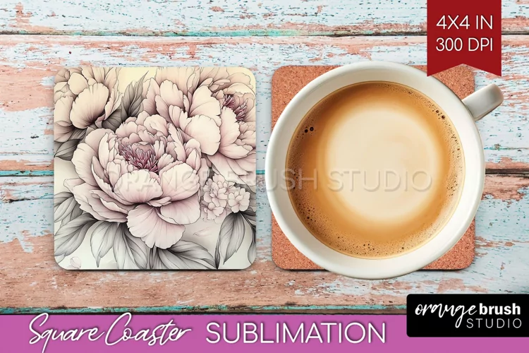 Peony Flowers Square Coaster - Floral Coaster PNG
