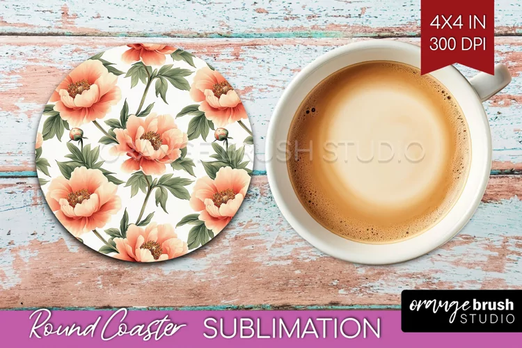 Peony Flowers Round Coaster - Floral Coaster PNG Sublimation