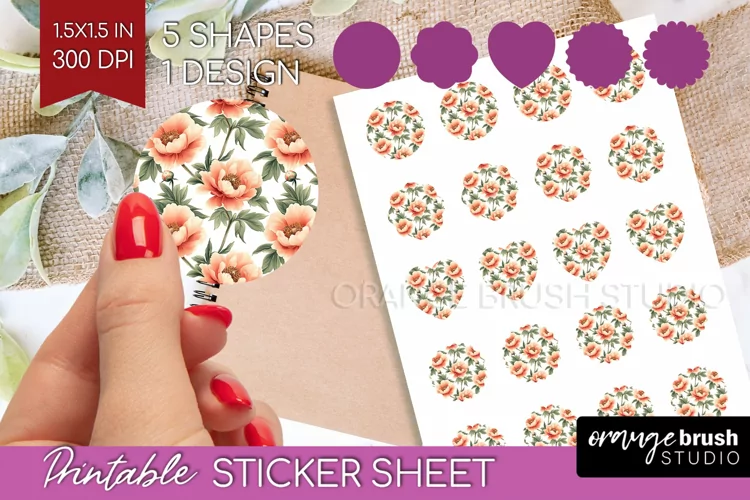Peony Flowers Round Sticker - Floral Printable Sticker Sheet