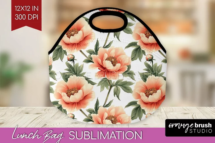 Peony Flowers Lunch Bag - Floral Lunch Bug PNG Sublimation