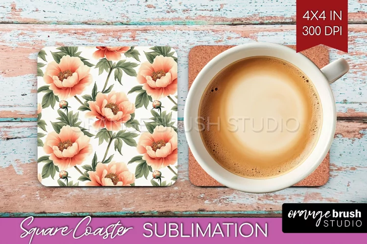 Peony Flowers Square Coaster - Floral Coaster PNG