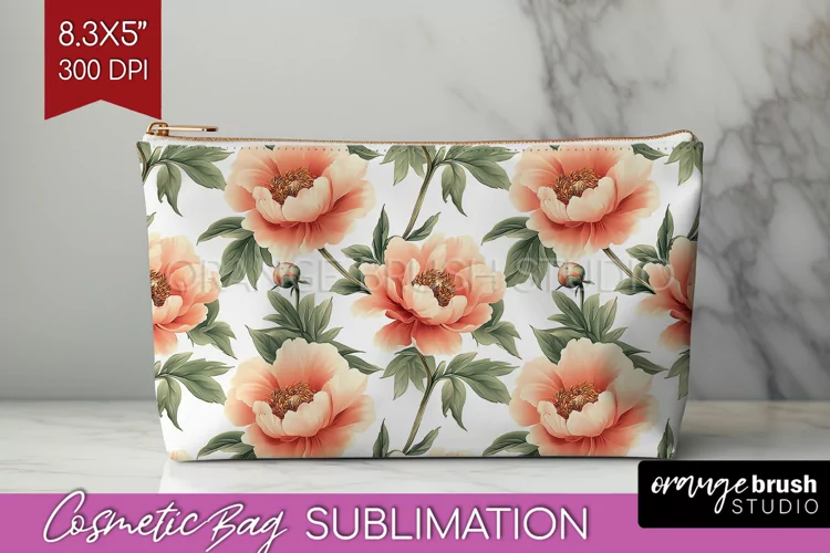 Peony Flowers Cosmetic Bag - Floral Makeup Bag PNG