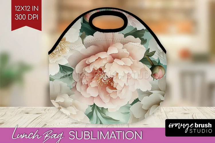 Peony Flowers Lunch Bag - Floral Lunch Bug PNG Sublimation