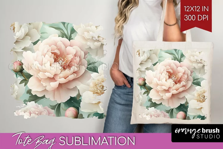 Peony Flowers Tote Bag - Floral Tote Bag PNG Sublimation