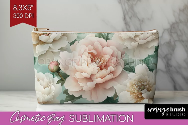 Peony Flowers Cosmetic Bag - Floral Makeup Bag PNG