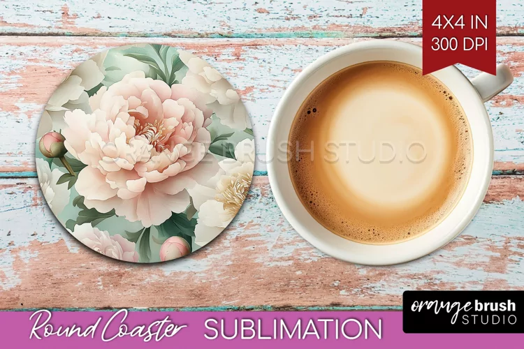 Peony Flowers Round Coaster - Floral Coaster PNG Sublimation