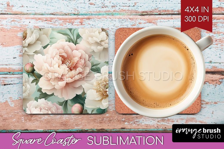 Peony Flowers Square Coaster - Floral Coaster PNG example image 1