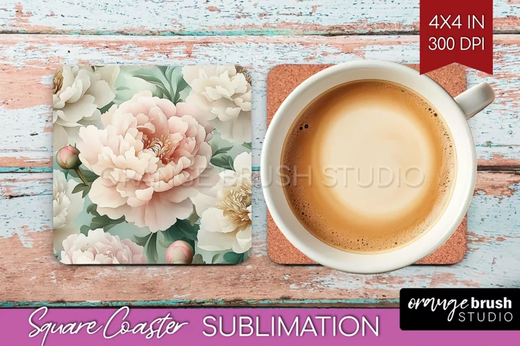 Peony Flowers Square Coaster - Floral Coaster PNG