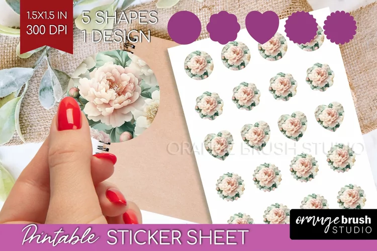 Peony Flowers Round Sticker - Floral Printable Sticker Sheet
