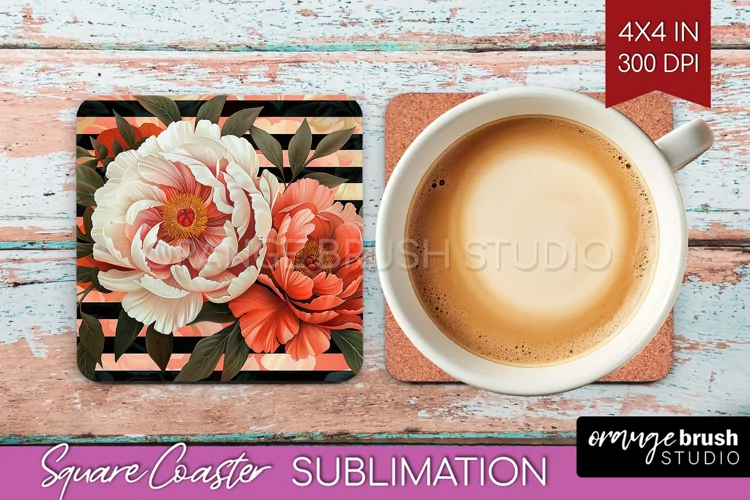 Peony Flowers Square Coaster - Floral Coaster PNG