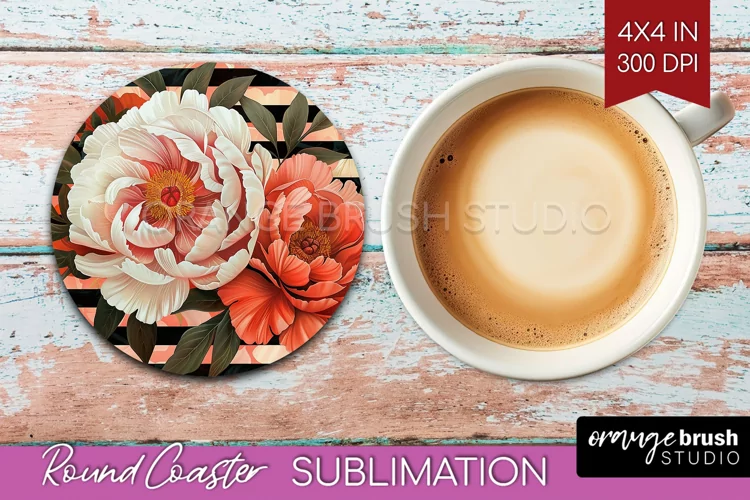 Peony Flowers Round Coaster - Floral Coaster PNG Sublimation