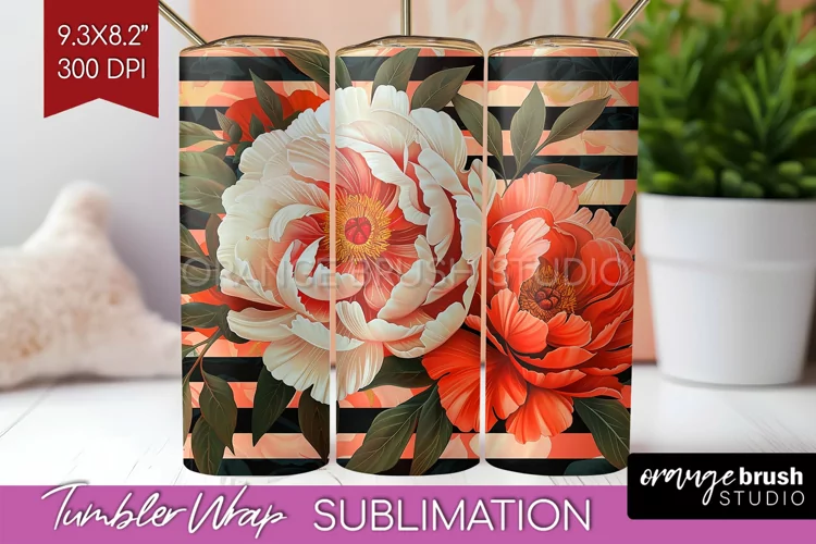 Peony Flowers Tumbler Wrap - Floral Tumbler PNG Sublimation