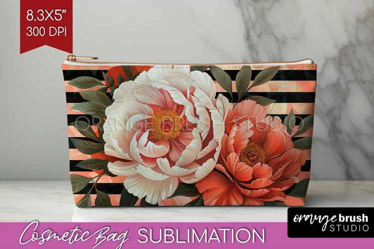 Peony Flowers Cosmetic Bag - Floral Makeup Bag PNG