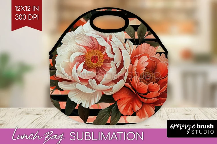 Peony Flowers Lunch Bag - Floral Lunch Bug PNG Sublimation