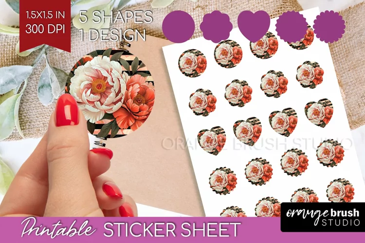 Peony Flowers Round Sticker - Floral Printable Sticker Sheet