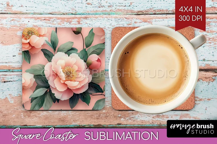 Peony Flowers Square Coaster - Floral Coaster PNG