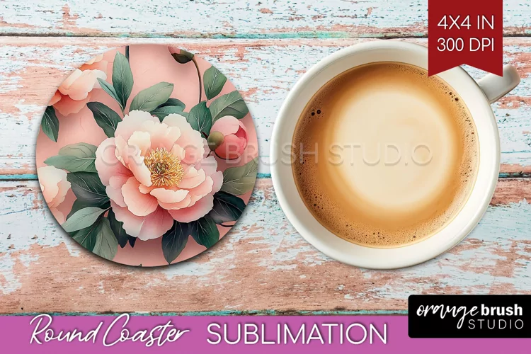 Peony Flowers Round Coaster - Floral Coaster PNG Sublimation