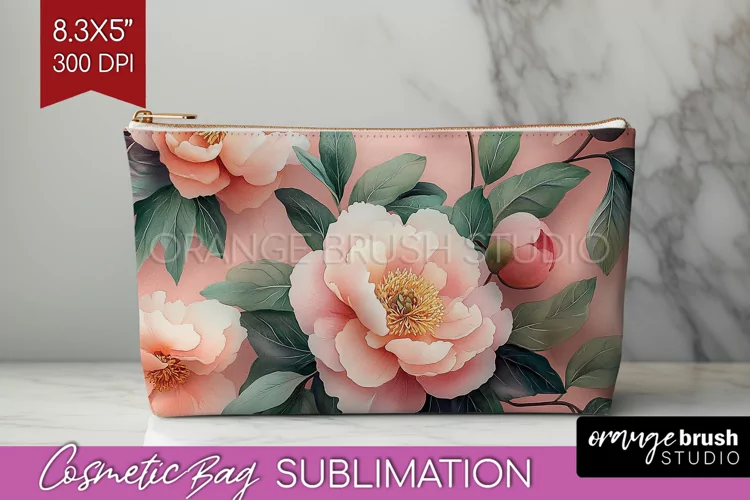 Peony Flowers Cosmetic Bag - Floral Makeup Bag PNG