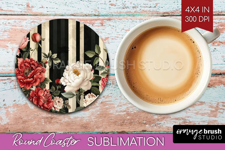 Peony Flowers Round Coaster - Floral Coaster PNG Sublimation
