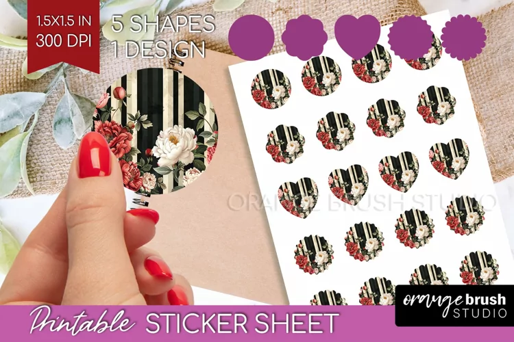Peony Flowers Round Sticker - Floral Printable Sticker Sheet