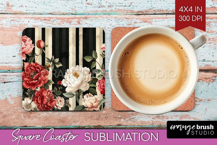 Peony Flowers Square Coaster - Floral Coaster PNG