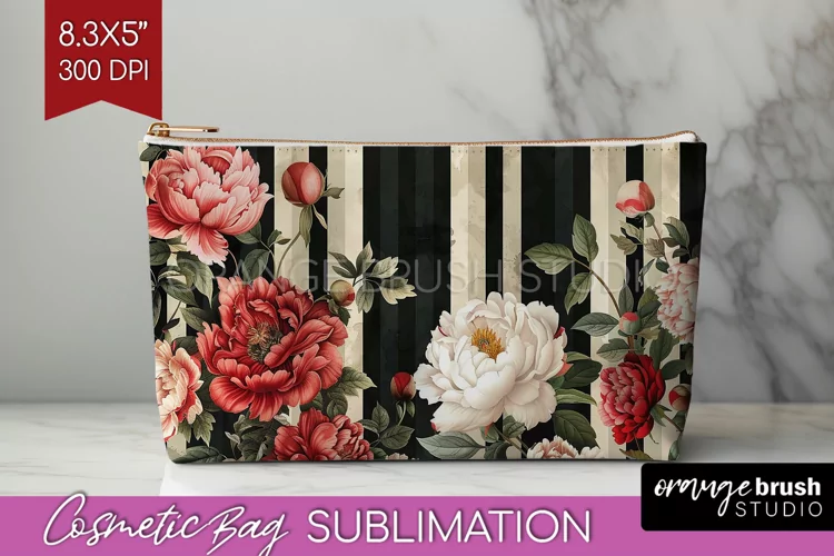 Peony Flowers Cosmetic Bag - Floral Makeup Bag PNG