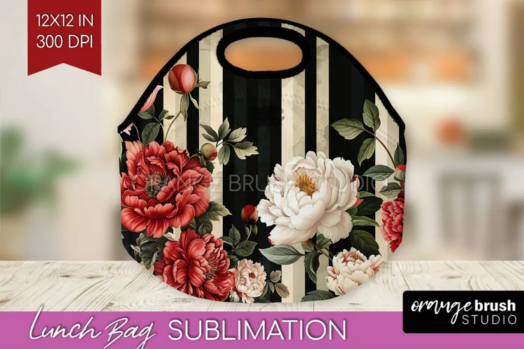 Peony Flowers Lunch Bag - Floral Lunch Bug PNG Sublimation